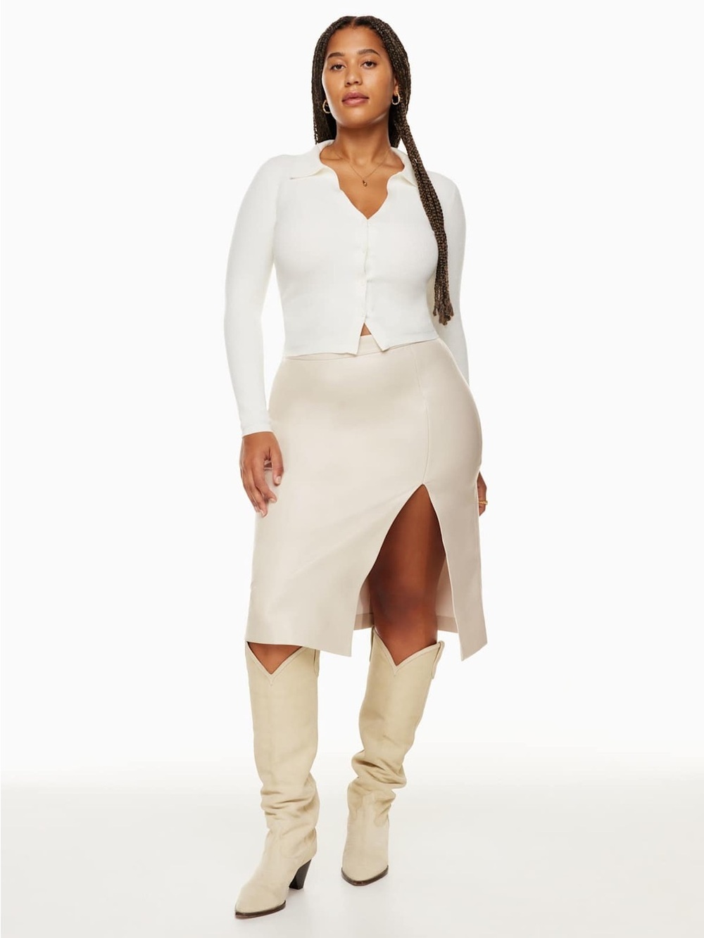 Aritzia Wilfred Patio High Waisted Vegan Leather Midi Slit Skirt Cream 10
